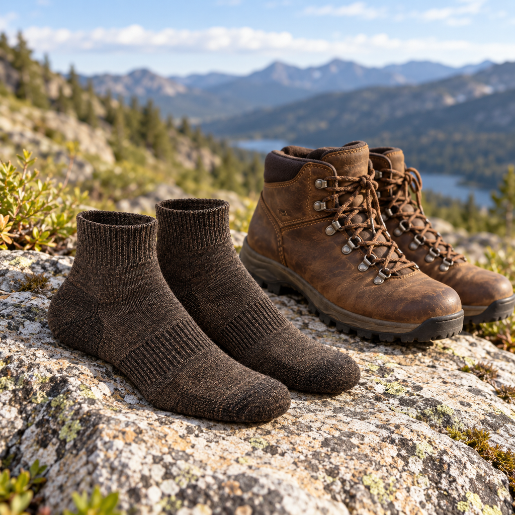 Hirsel Light Hiker Quarter Sock in Peat, lifestyle view