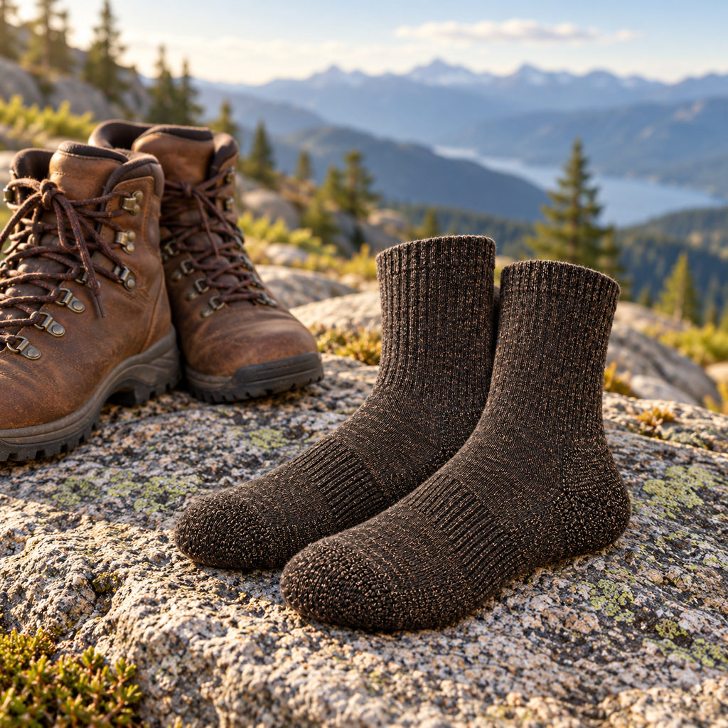 Hirsel Mid Hiker Crew Sock in Peat, lifestyle view